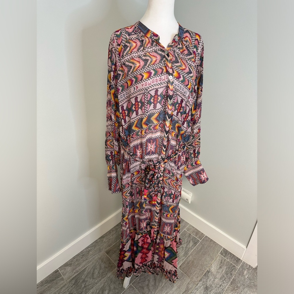 NWT Farm Rio Amulet Maxi Boho Sleeved Belted Aztec Sheer Dress Sz Large - Picture 4 of 17
